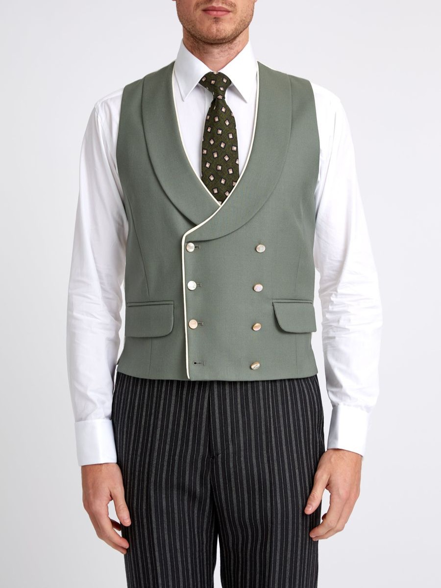 Menswear Favourbrook Waistcoats | Olive Gabardine Wool Double Breasted 8 Button Shawl Lapel Piped Waistcoat