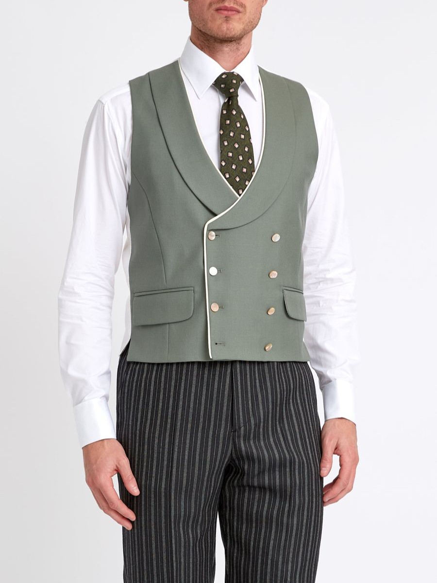 Menswear Favourbrook Waistcoats | Olive Gabardine Wool Double Breasted 8 Button Shawl Lapel Piped Waistcoat