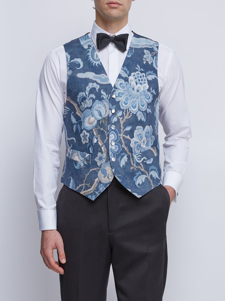 Menswear Favourbrook Waistcoats | Indigo Chifu Single Breasted 6 Button Waistcoat