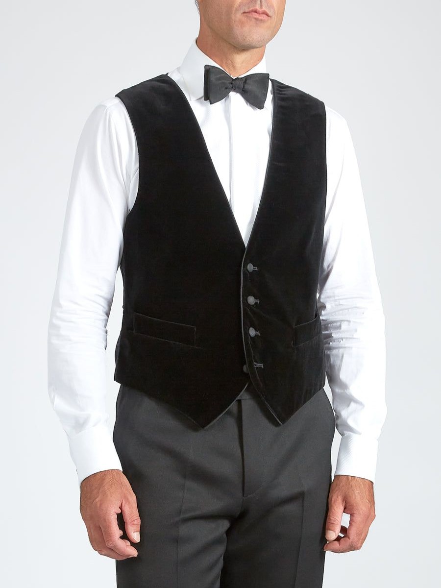 Menswear Favourbrook Waistcoats | Black Velvet Cotton Single Breasted 4 Button Piped Waistcoat