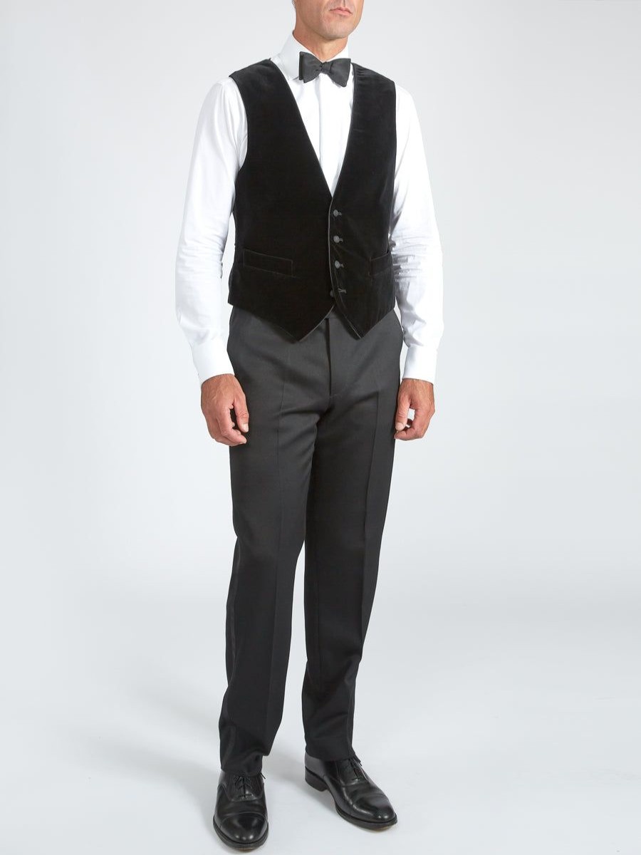 Menswear Favourbrook Waistcoats | Black Velvet Cotton Single Breasted 4 Button Piped Waistcoat