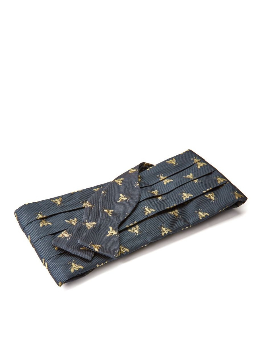 Menswear Favourbrook Bow Ties & Cummerbunds | Navy Gold Bees Silk Pleated Cummerbund & Bow Tie Set