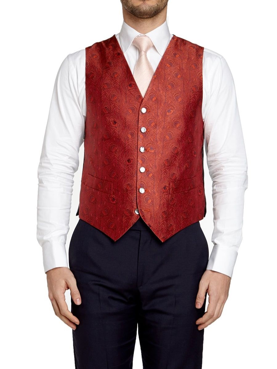 Menswear Favourbrook Waistcoats | Red Peacock Silk Single Breasted 6 Button Waistcoat