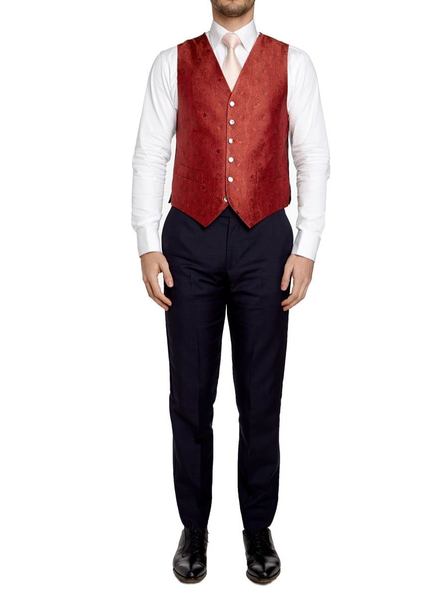 Menswear Favourbrook Waistcoats | Red Peacock Silk Single Breasted 6 Button Waistcoat