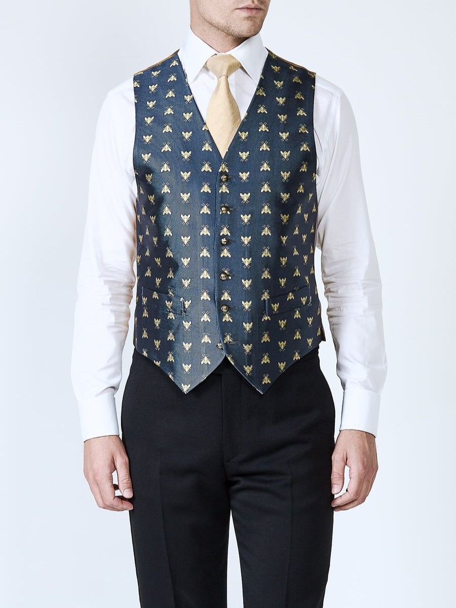 Menswear Favourbrook Waistcoats | Navy Gold Bees Silk Single Breasted 6 Button Waistcoat