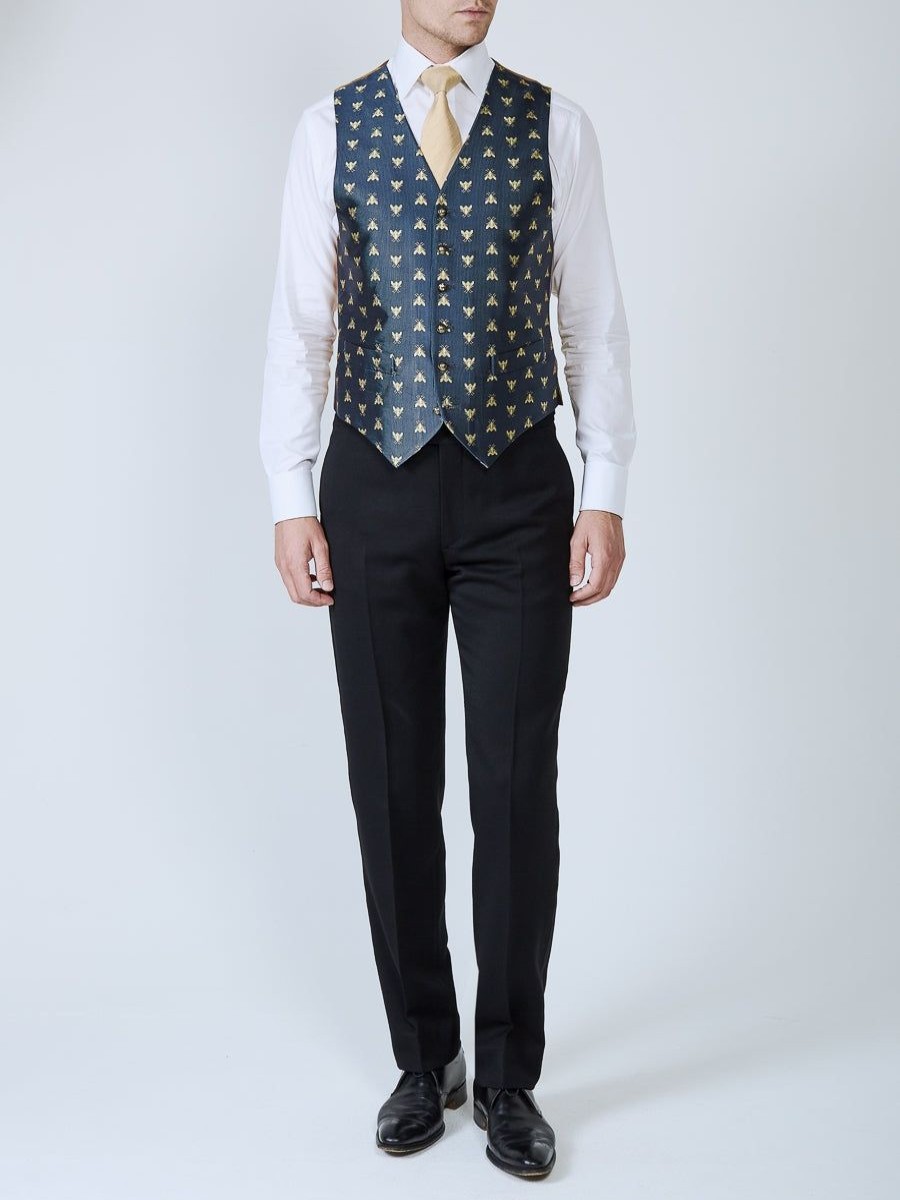 Menswear Favourbrook Waistcoats | Navy Gold Bees Silk Single Breasted 6 Button Waistcoat