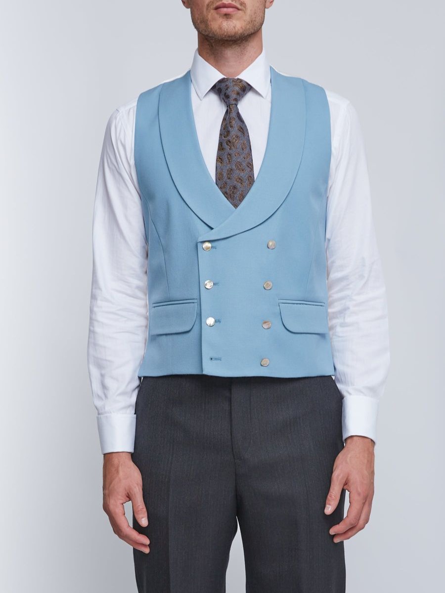 Menswear Favourbrook Waistcoats | Pale Blue Gabardine Wool Double Breasted 8 Button Shawl Lapel Waistcoat