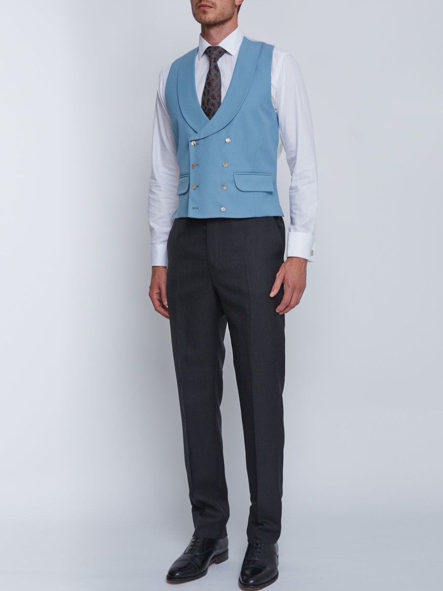 Menswear Favourbrook Waistcoats | Pale Blue Gabardine Wool Double Breasted 8 Button Shawl Lapel Waistcoat