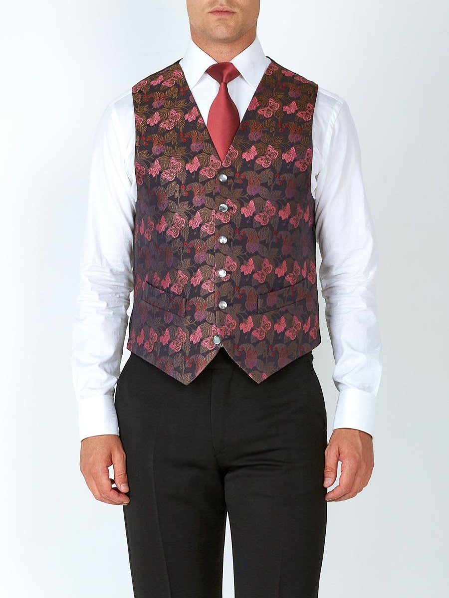 Menswear Favourbrook Waistcoats | Charcoal Pink Brimstone Silk Single Breasted 6 Button Waistcoat