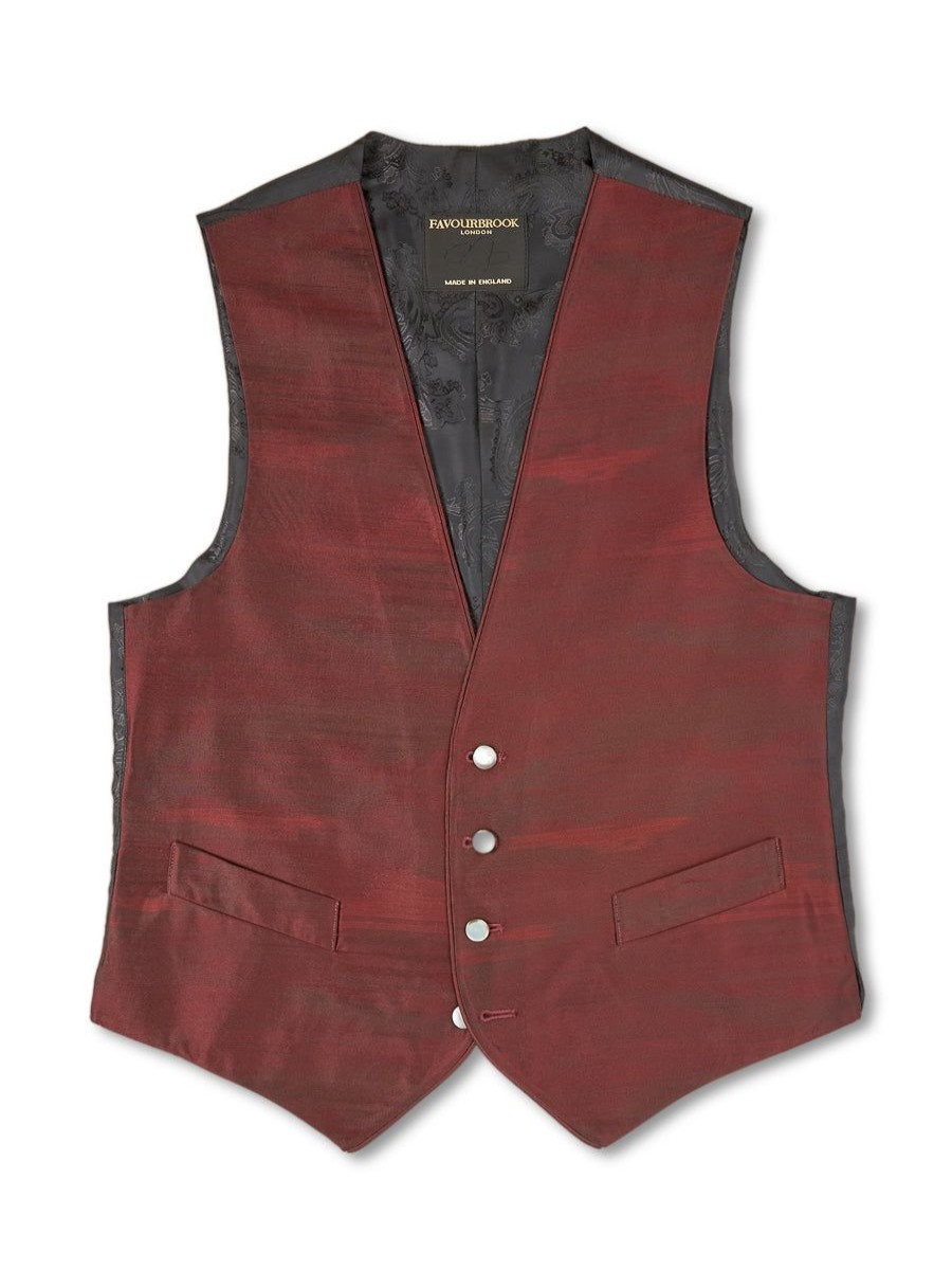 Menswear Favourbrook Waistcoats | Burgundy Ikat Silk Single Breasted 4 Button Piped Waistcoat