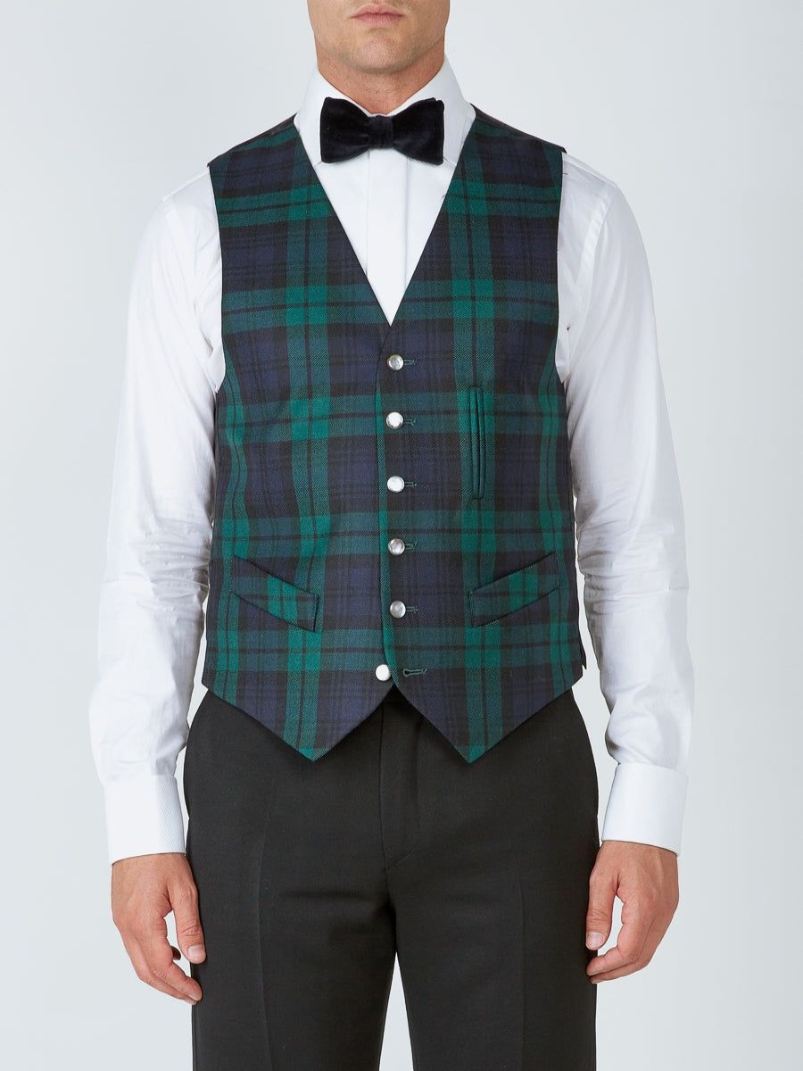 Menswear Favourbrook Waistcoats | Blackwatch Tartan Wool Single Breasted 6 Button Waistcoat With Ticket Pocket