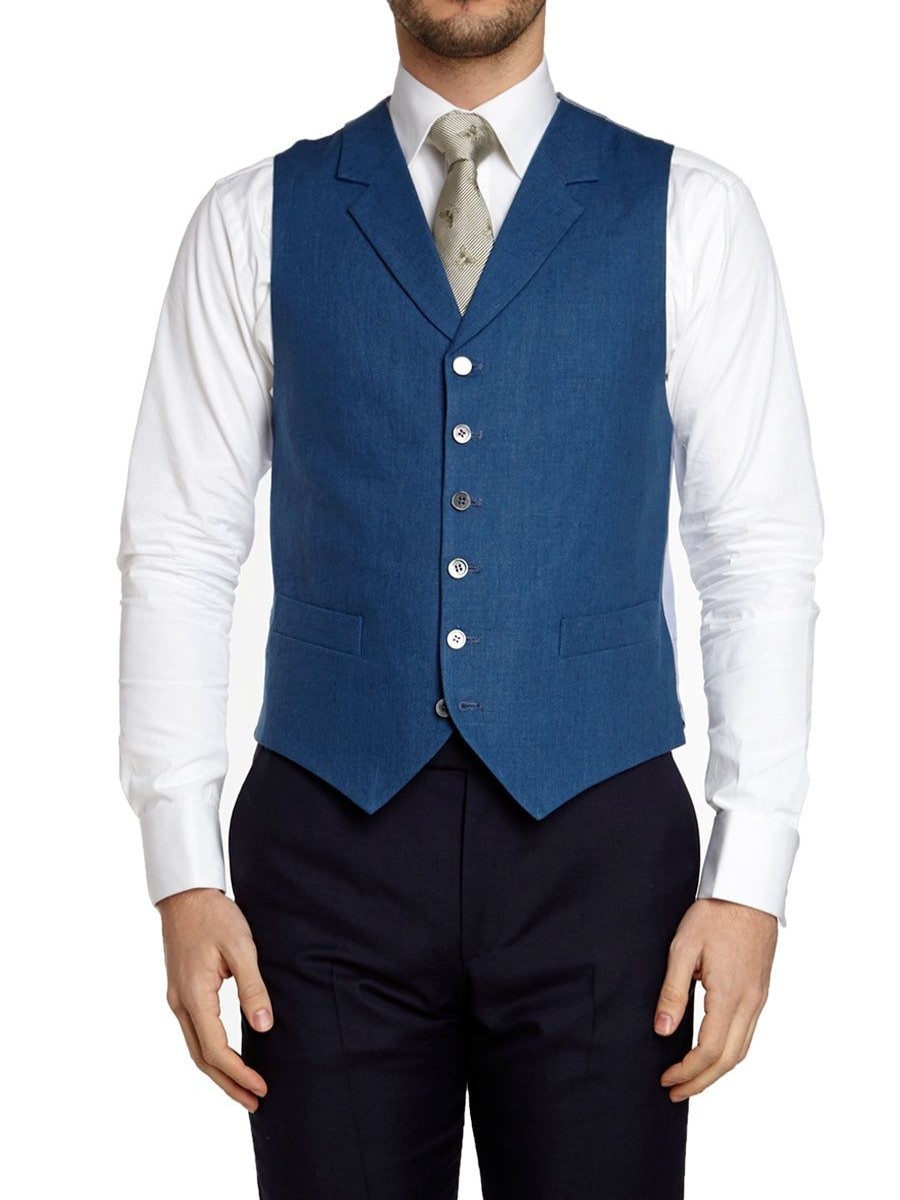 Menswear Favourbrook Waistcoats | French Navy Evering Linen Single Breasted 6 Button Notch Lapel Waistcoat