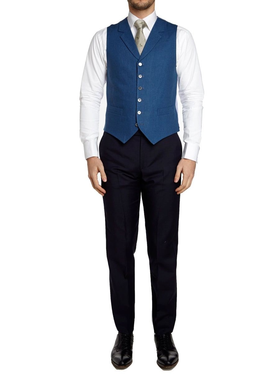 Menswear Favourbrook Waistcoats | French Navy Evering Linen Single Breasted 6 Button Notch Lapel Waistcoat