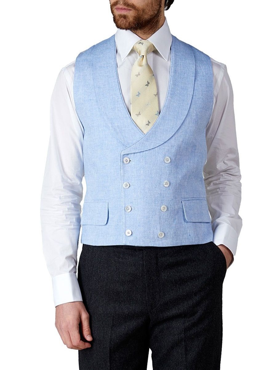 Menswear Favourbrook Waistcoats | Sky Blue Evering Linen Double Breasted 8 Button Shawl Lapel Piped Waistcoat