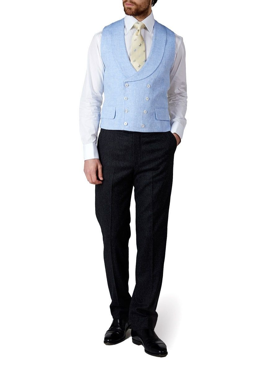 Menswear Favourbrook Waistcoats | Sky Blue Evering Linen Double Breasted 8 Button Shawl Lapel Piped Waistcoat