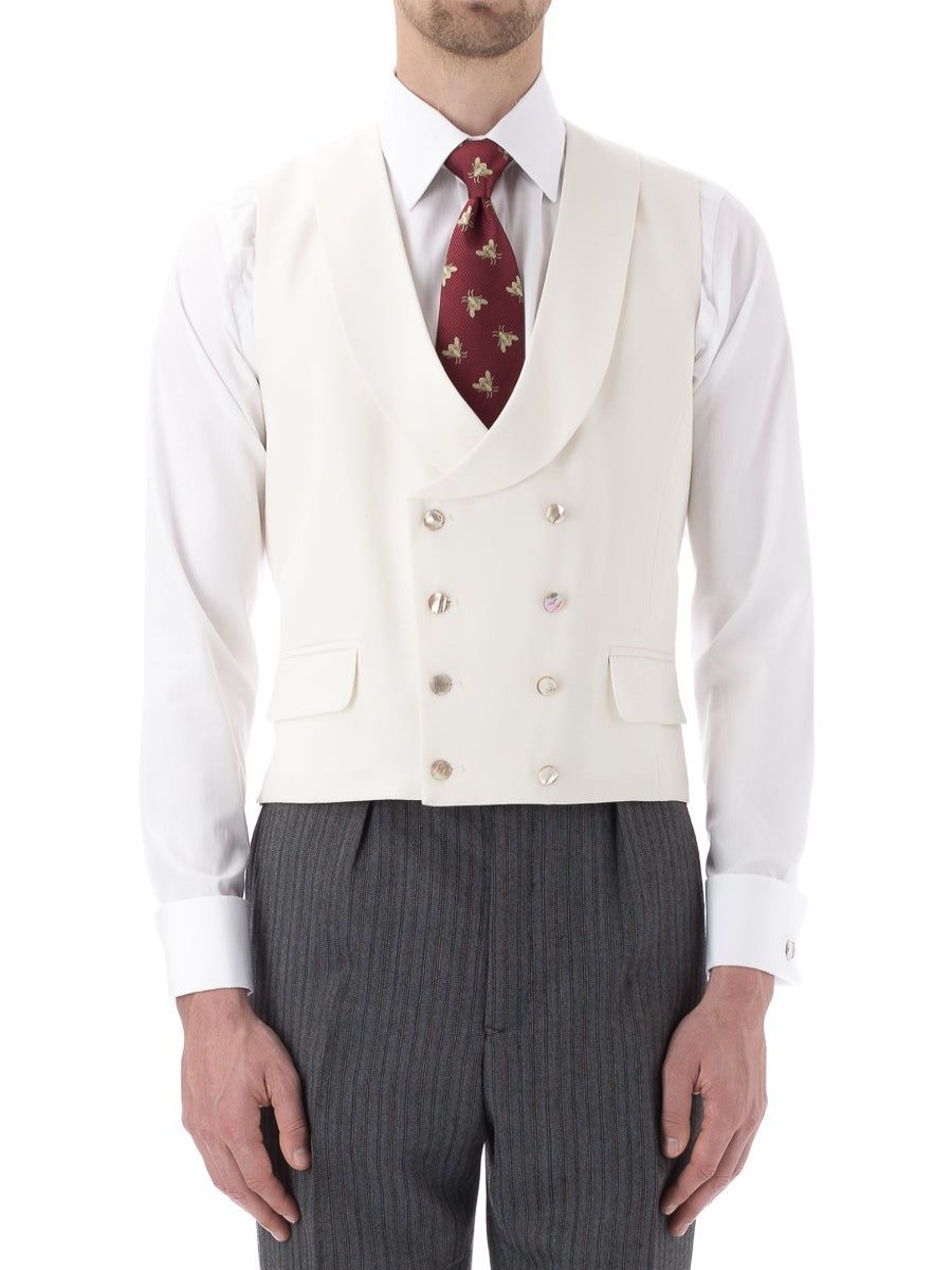 Menswear Favourbrook Waistcoats | Cream Gabardine Wool Double Breasted 8 Button Shawl Lapel Waistcoat