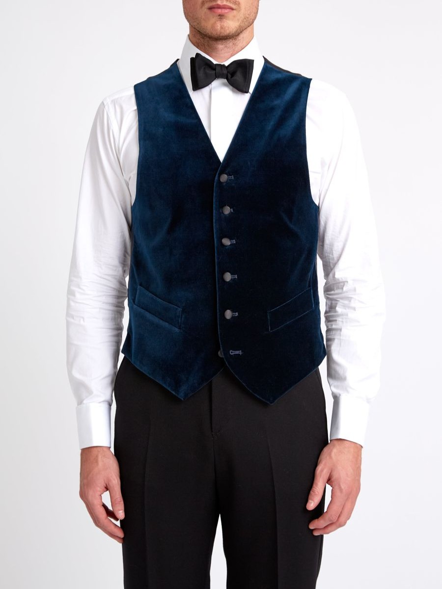 Menswear Favourbrook Waistcoats | Sapphire Blue Velvet Cotton Single Breasted 6 Button Waistcoat