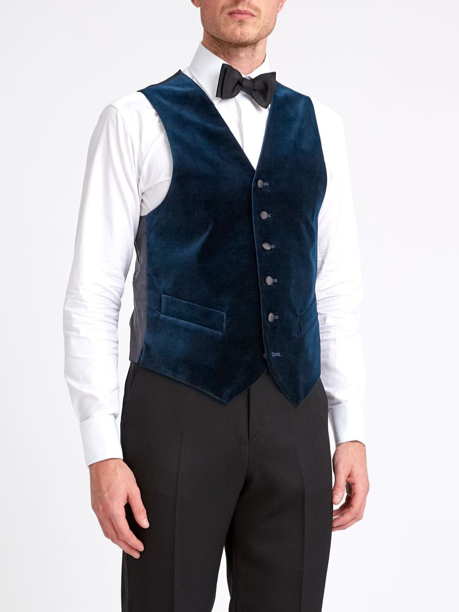 Menswear Favourbrook Waistcoats | Sapphire Blue Velvet Cotton Single Breasted 6 Button Waistcoat