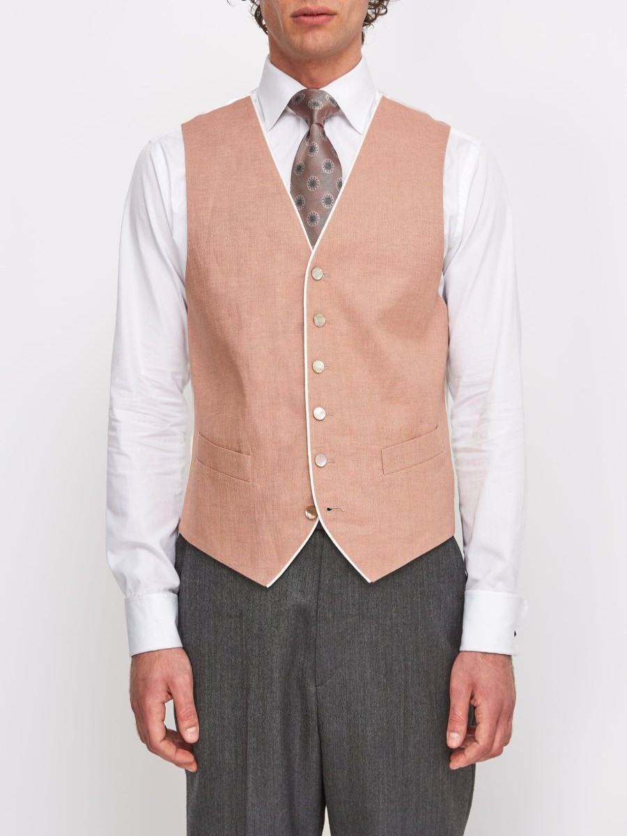 Menswear Favourbrook Waistcoats | Sidmouth Pink Linen Single Breasted 6 Button Piped Waistcoat