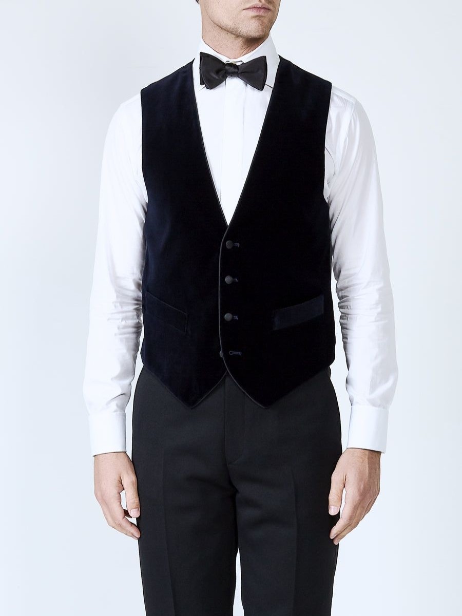 Menswear Favourbrook Waistcoats | Navy Velvet Cotton Single Breasted 4 Button Piped Waistcoat