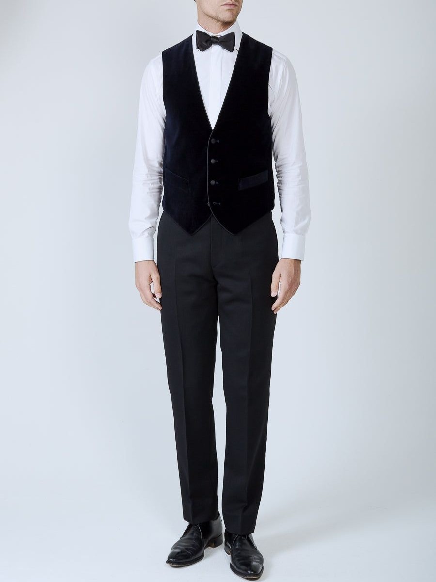 Menswear Favourbrook Waistcoats | Navy Velvet Cotton Single Breasted 4 Button Piped Waistcoat