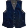 Menswear Favourbrook Waistcoats | Marine Blue Velvet Cotton Single Breasted 6 Button Piped Waistcoat