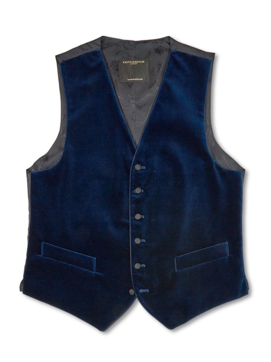 Menswear Favourbrook Waistcoats | Marine Blue Velvet Cotton Single Breasted 6 Button Piped Waistcoat