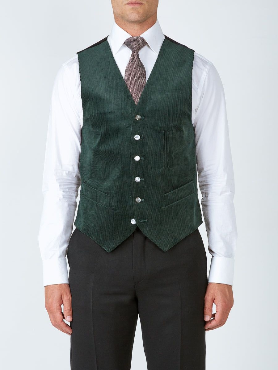 Menswear Favourbrook Waistcoats | Green Penton Cord Cotton Single Breasted 6 Button Ticket Pocket Waistcoat