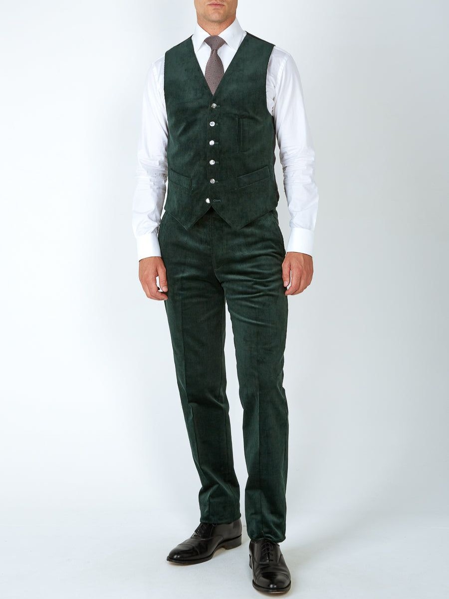 Menswear Favourbrook Waistcoats | Green Penton Cord Cotton Single Breasted 6 Button Ticket Pocket Waistcoat