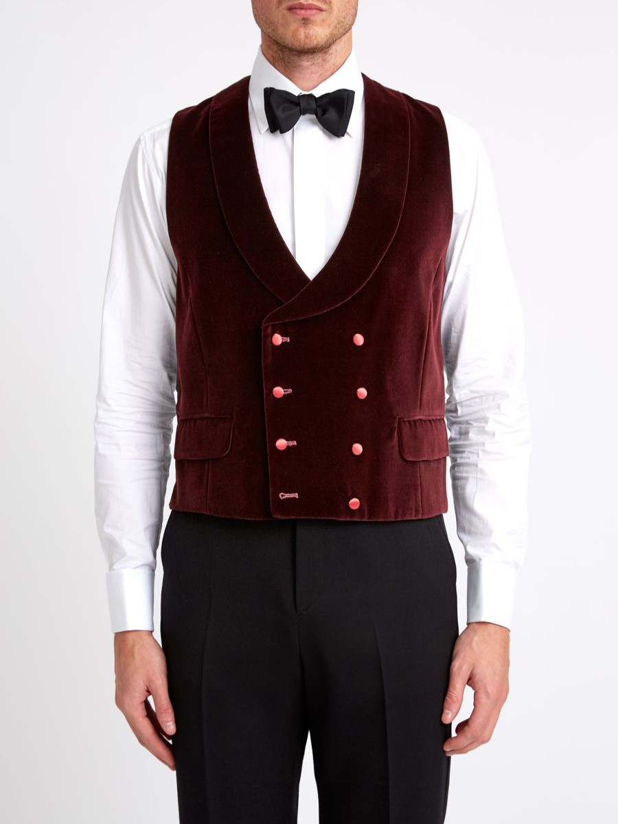 Menswear Favourbrook Waistcoats | Burgundy Velvet Cotton Double Breasted 8 Button Shawl Lapel Waistcoat