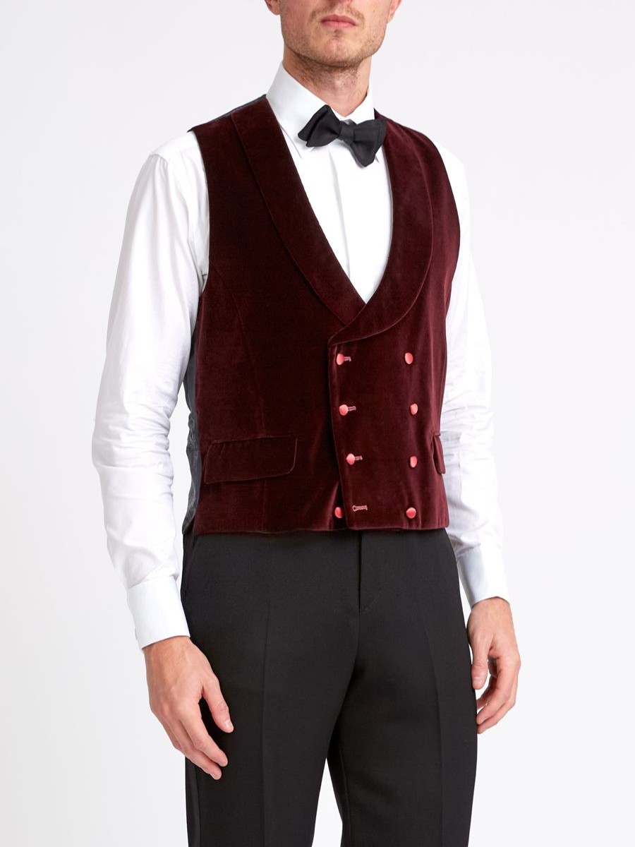 Menswear Favourbrook Waistcoats | Burgundy Velvet Cotton Double Breasted 8 Button Shawl Lapel Waistcoat