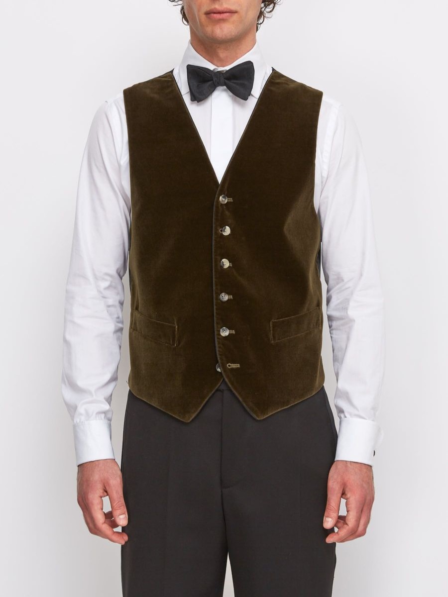 Menswear Favourbrook Waistcoats | Cardamon Velvet Cotton Single Breasted 6 Button Piped Waistcoat