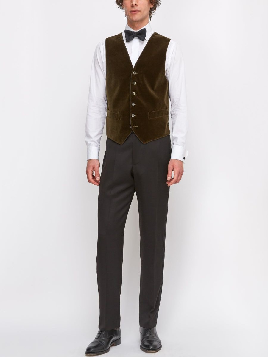 Menswear Favourbrook Waistcoats | Cardamon Velvet Cotton Single Breasted 6 Button Piped Waistcoat