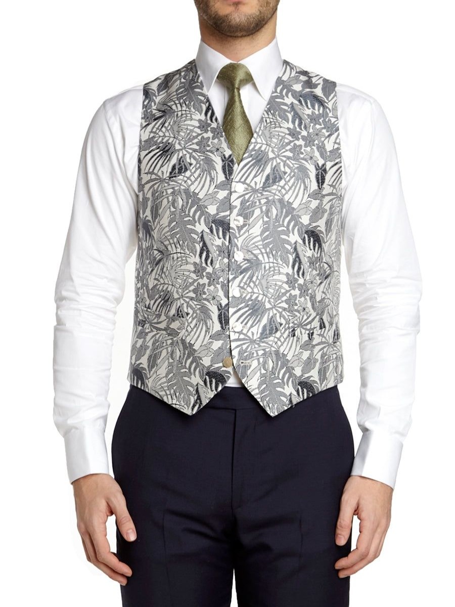 Menswear Favourbrook Waistcoats | Ecru Botanics Silk Single Breasted 6 Button Waistcoat