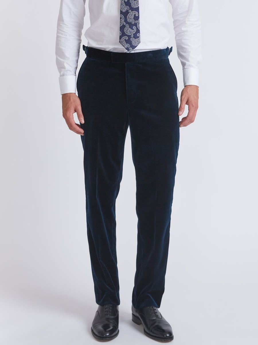 Menswear Favourbrook Trousers | Sapphire Blue Velvet Cotton Flat Front Dress Trousers