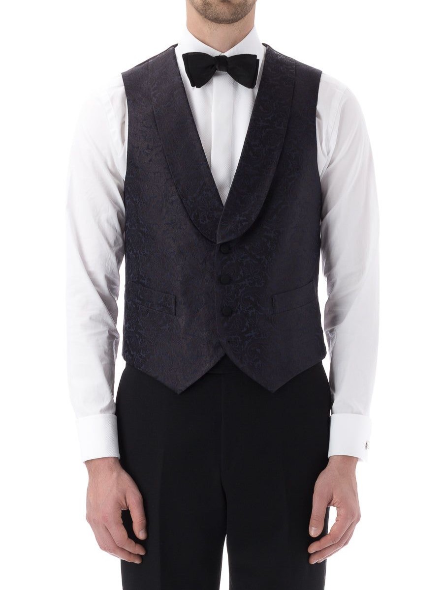 Menswear Favourbrook Waistcoats | Navy Albert Silk Single Breasted 4 Button Shawl Lapel Waistcoat