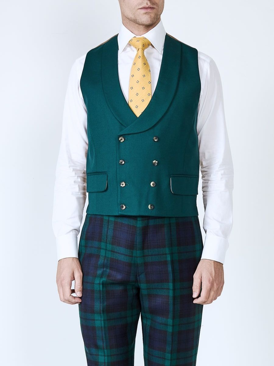 Menswear Favourbrook Waistcoats | Forest Green Plain Wool Double Breasted 8 Button Shawl Lapel Waistcoat