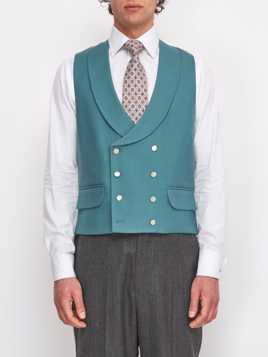 Menswear Favourbrook Waistcoats | Sea Green Wool Double Breasted 8 Button Shawl Lapel Waistcoat