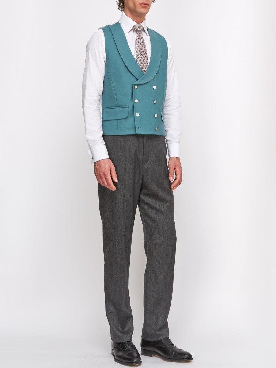 Menswear Favourbrook Waistcoats | Sea Green Wool Double Breasted 8 Button Shawl Lapel Waistcoat