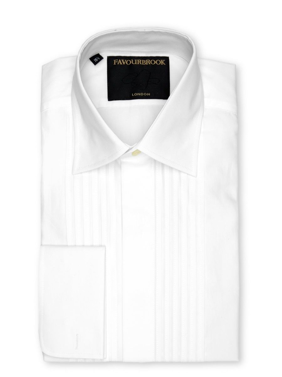 Menswear Favourbrook Shirts | White Poplin Pleated Pintuck Dress Shirt