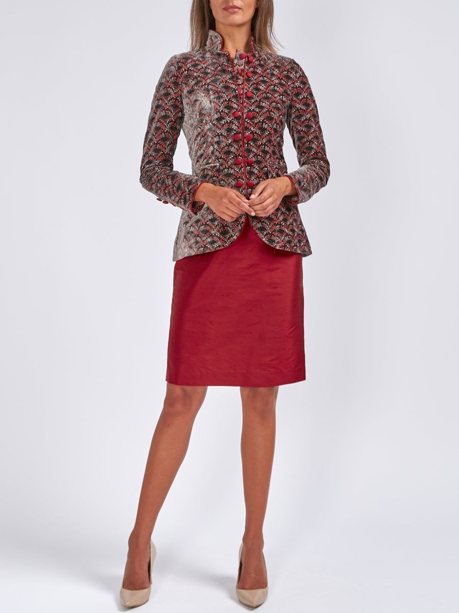 Womenswear Favourbrook Jackets & Coats | Trafalgar Jacket Dark Grey Red Arwyn Silk Velvet