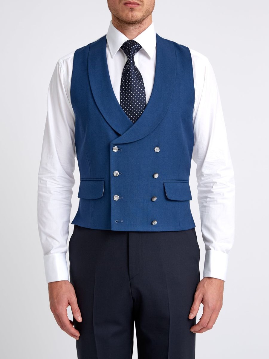 Menswear Favourbrook Waistcoats | Storm Blue Wool Double-Breasted 8-Button Shawl Lapel Waistcoat