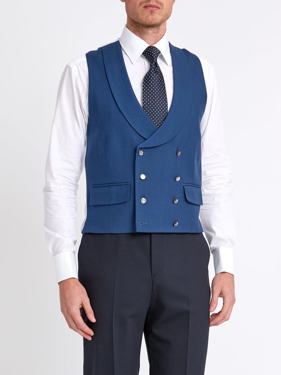 Menswear Favourbrook Waistcoats | Storm Blue Wool Double-Breasted 8-Button Shawl Lapel Waistcoat