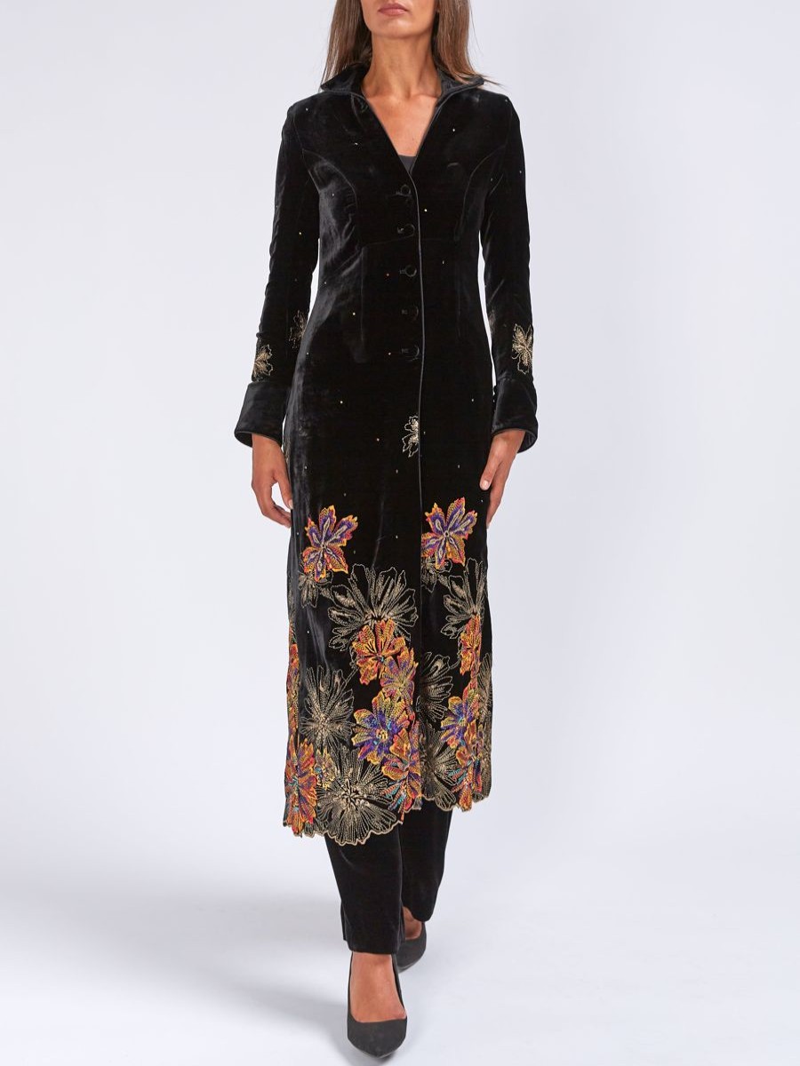 Womenswear Favourbrook Jackets & Coats | Long Swing Coat Black Gethin Silk Velvet