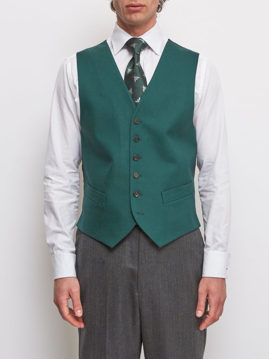 Menswear Favourbrook Waistcoats | Forest Green Wool Single Breasted 6 Button Waistcoat