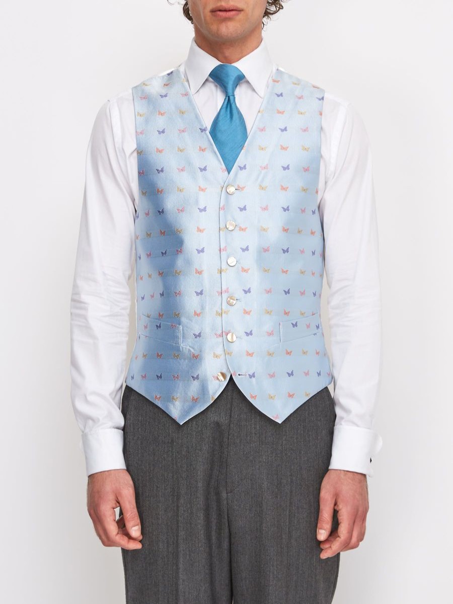 Menswear Favourbrook Waistcoats | Pale Blue Butterfly Silk Single Breasted 6 Button Waistcoat