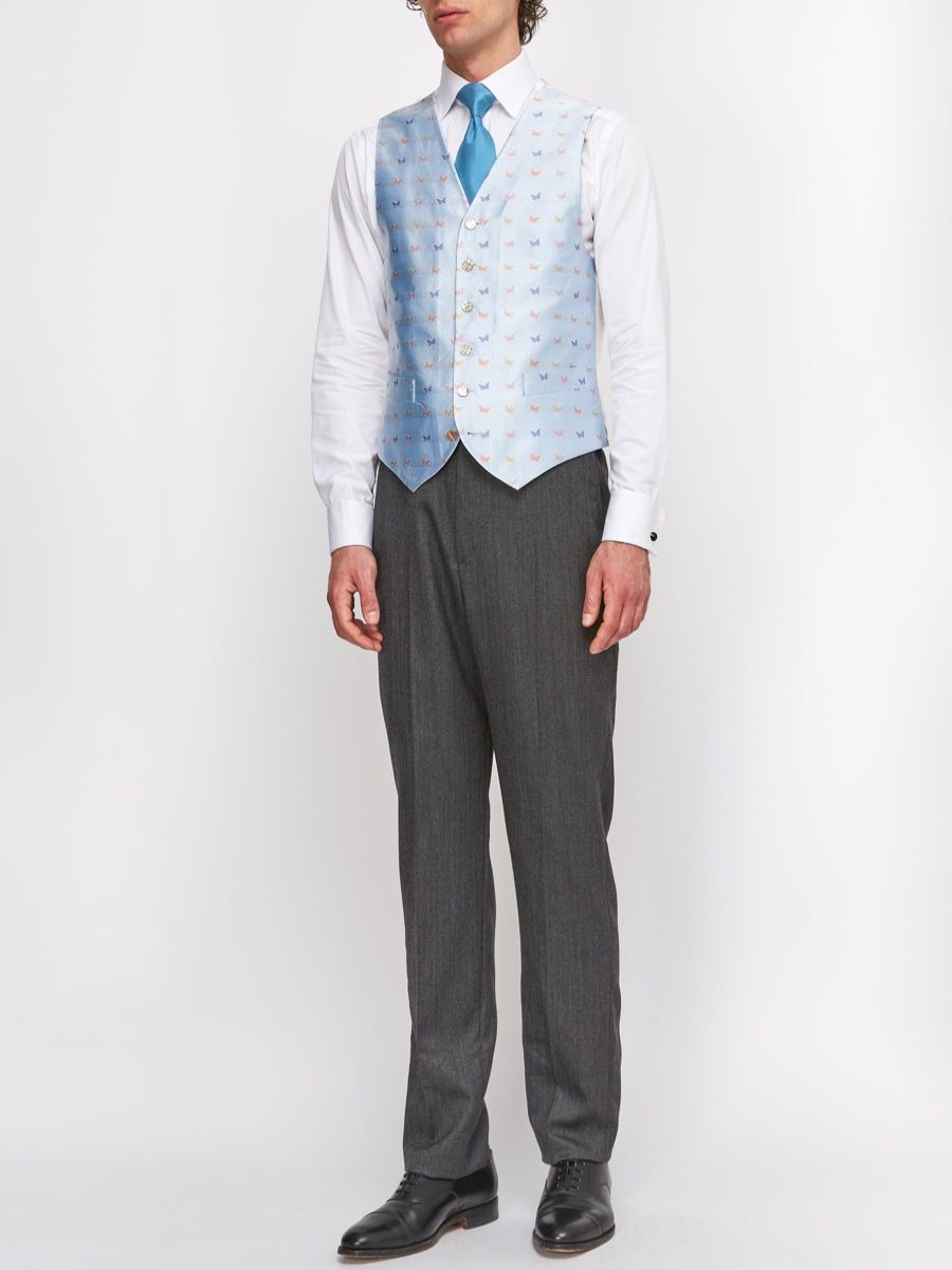 Menswear Favourbrook Waistcoats | Pale Blue Butterfly Silk Single Breasted 6 Button Waistcoat