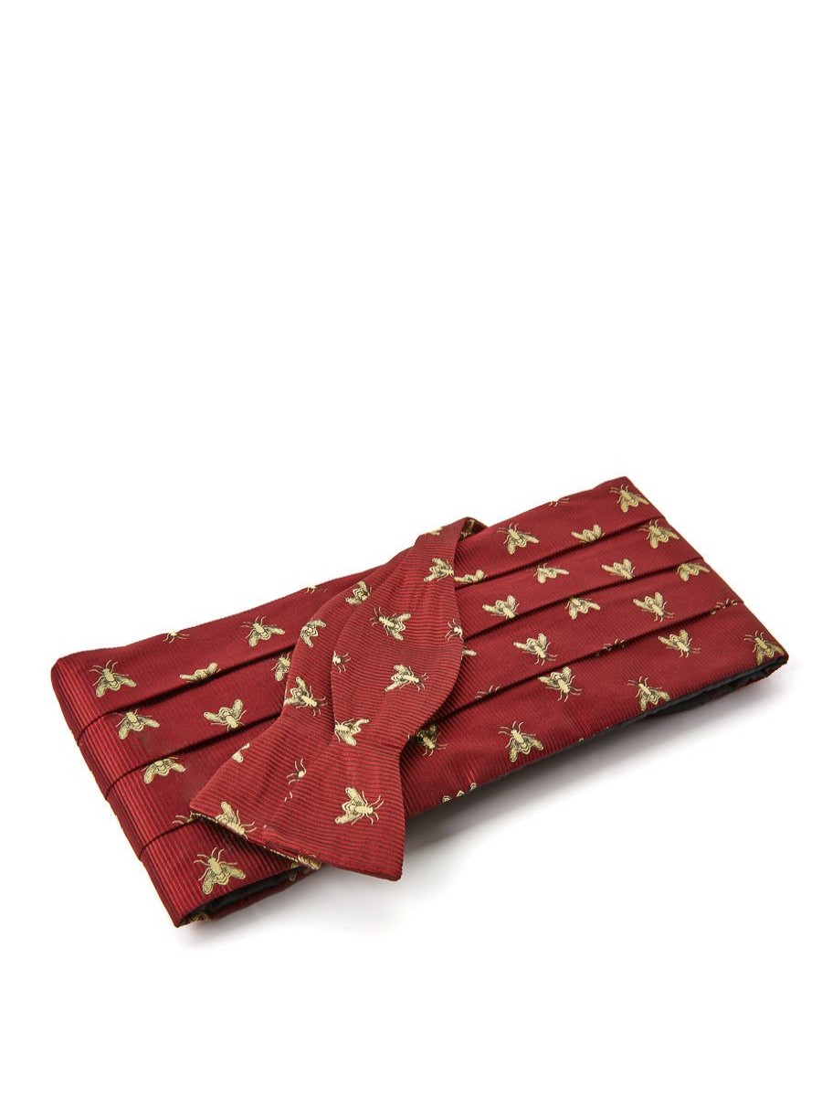 Menswear Favourbrook Bow Ties & Cummerbunds | Red Gold Bees Silk Pleated Cummerbund & Bow Tie Set