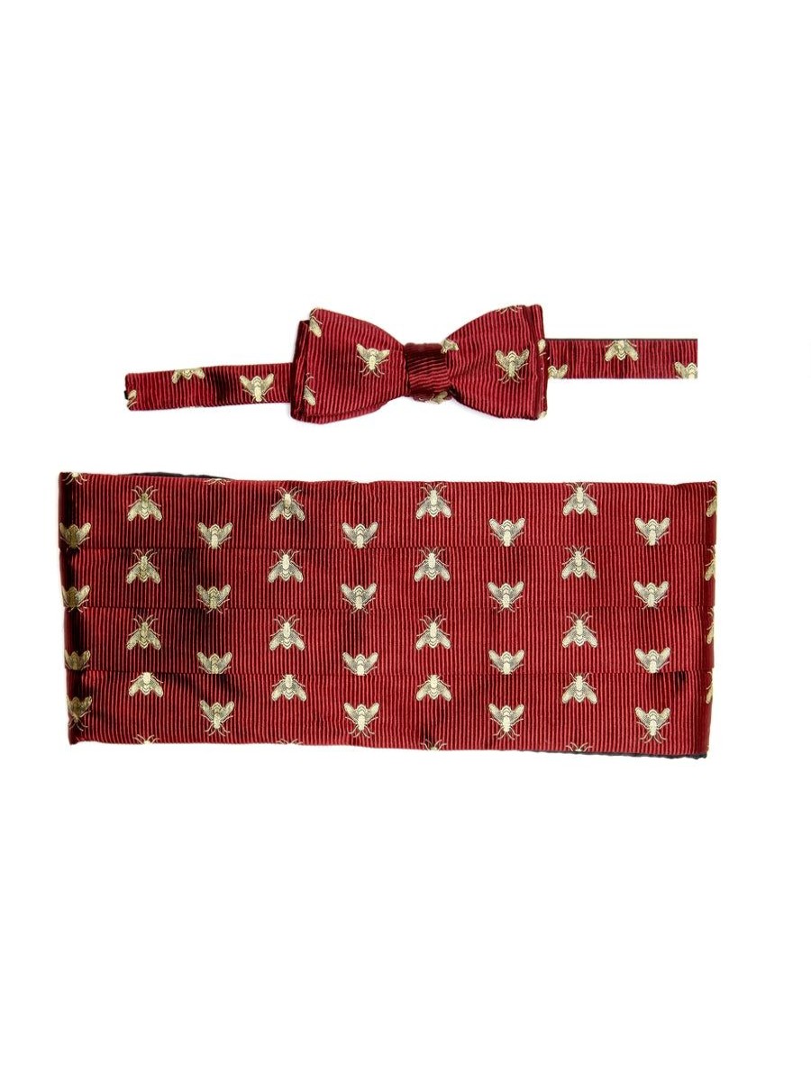 Menswear Favourbrook Bow Ties & Cummerbunds | Red Gold Bees Silk Pleated Cummerbund & Bow Tie Set