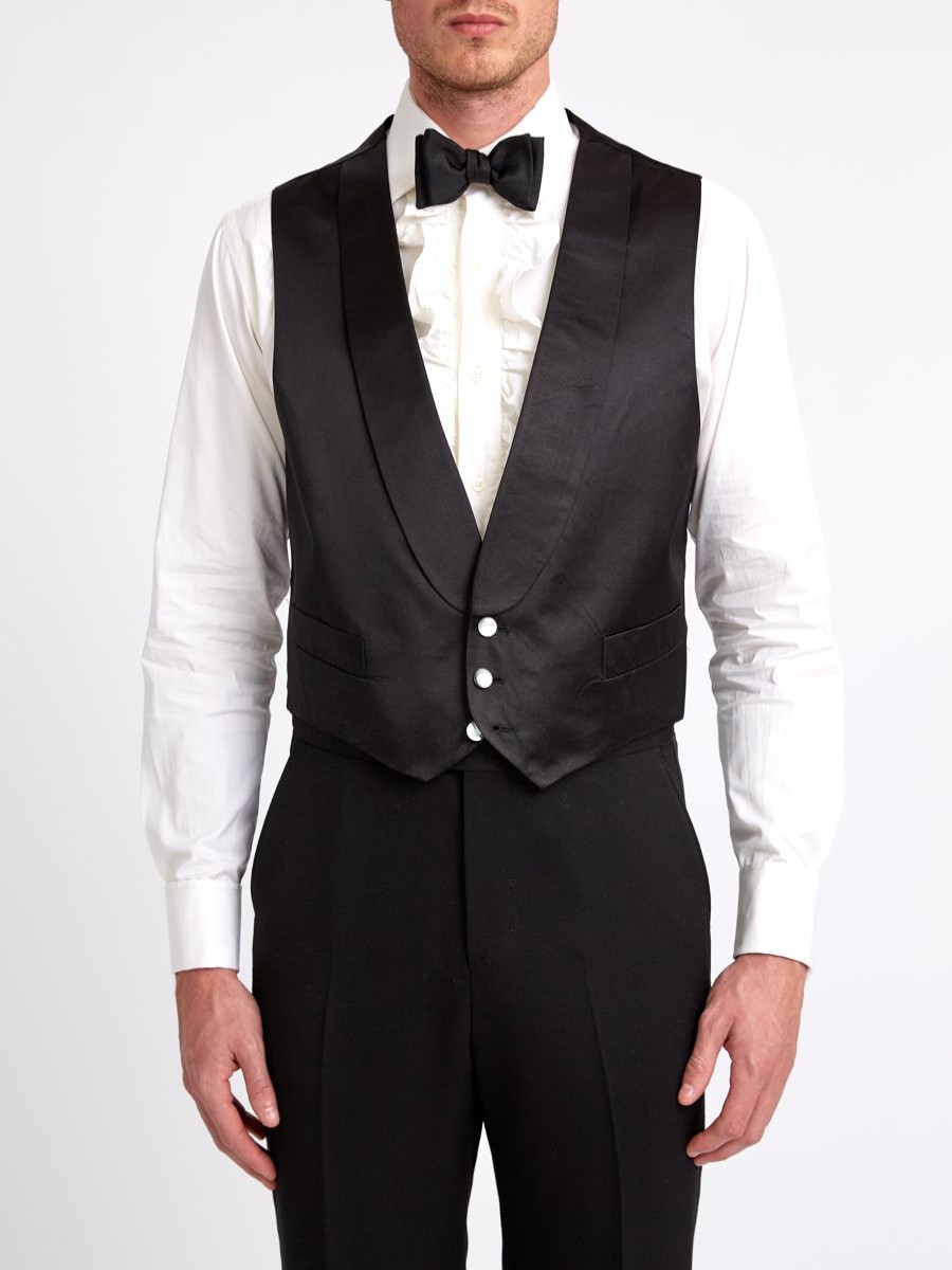 Menswear Favourbrook Waistcoats | Black Duchesse Satin Silk Single Breasted 3 Button Shawl Lapel Waistcoat